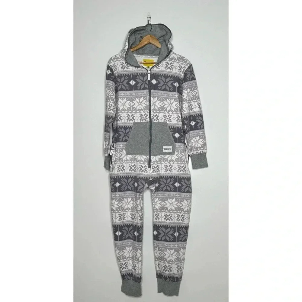 Tipsy Elves Gray Snowflake Hooded Onesie Jumpsuit Size Small